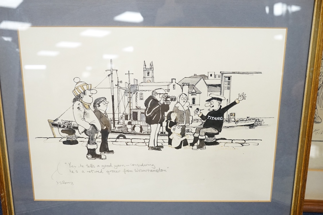 Three 20th century monochrome cartoons and caricatures, to include one by Kevin Kallaugher (Kal, b.1955), ‘Public opinion', signed and dated '86, one by Charles Ince 'Toothache', signed and dated 1906, largest 38 x 24cm.